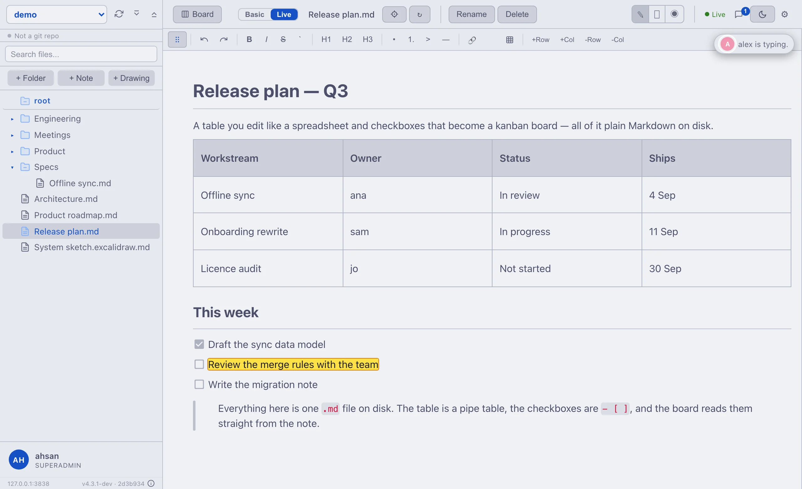 The mdnest app: a nested folder tree on the left, and a note holding an editable table and a task list, with a badge showing a colleague typing in the same note