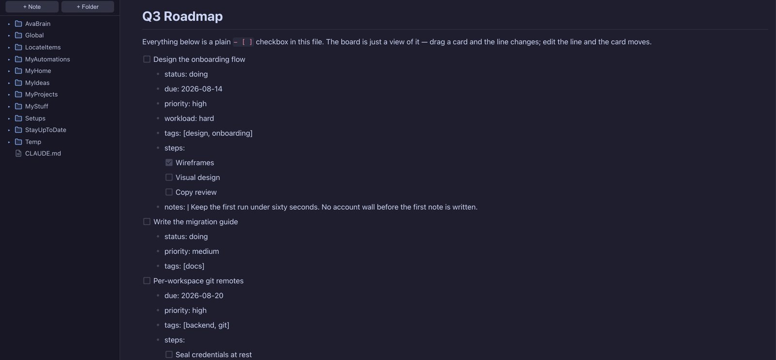 The same tasks shown as plain Markdown checkboxes with an indented detail block inside a note